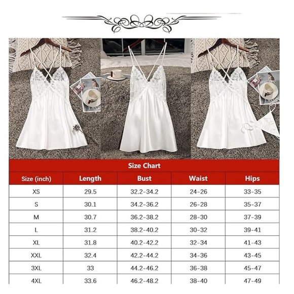 White  Lingerie V Neck Nightwear Satin Sleepwear Lace Chemise Mini Teddy - Picture 2 of 3